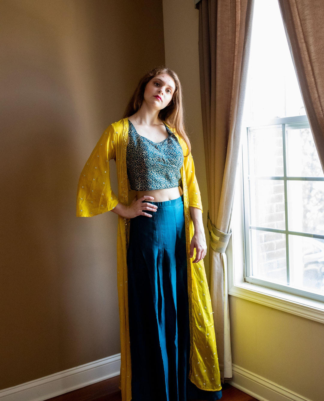 Rent Ocean Blue Kurta Set with Long Silk Yellow Jacket  Adorn In gold Embroidery Online - Glamourental - Glamourental