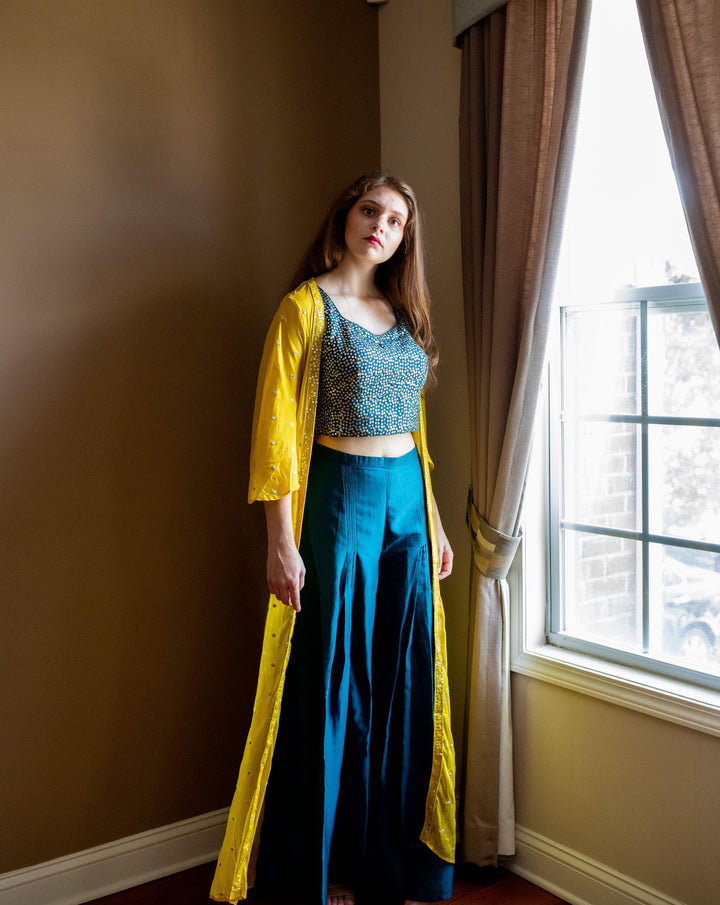 Rent Ocean Blue Kurta Set with Long Silk Yellow Jacket  Adorn In gold Embroidery Online - Glamourental - Glamourental