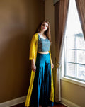 Rent Ocean Blue Kurta Set with Long Silk Yellow Jacket  Adorn In gold Embroidery Online - Glamourental - Glamourental