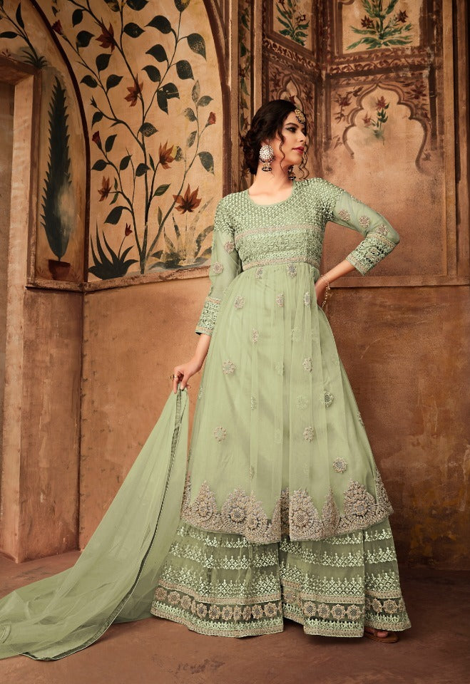 Elegant Green Net Partywear Sharara - Rent