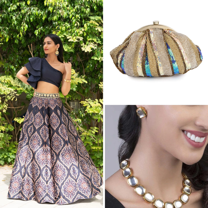 Navy Blue Kaya Printed Designer Lehenga with one shoulder Blouse + Empowering Soft Hand-embroidered Clutch Pouch + Uncut Kundan Set- Rent