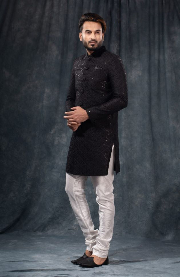 Black & White Zari Embroidered Wedding Sherwani - Rent