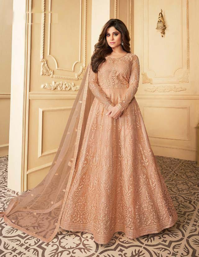 Peach Embroidered Anarkali Suit with Net Dupatta for Rent - Glamourental