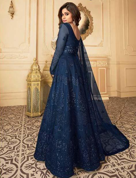 Dark Blue Embroidered Anarkali Suit with Net Dupatta for Rent - Glamourental