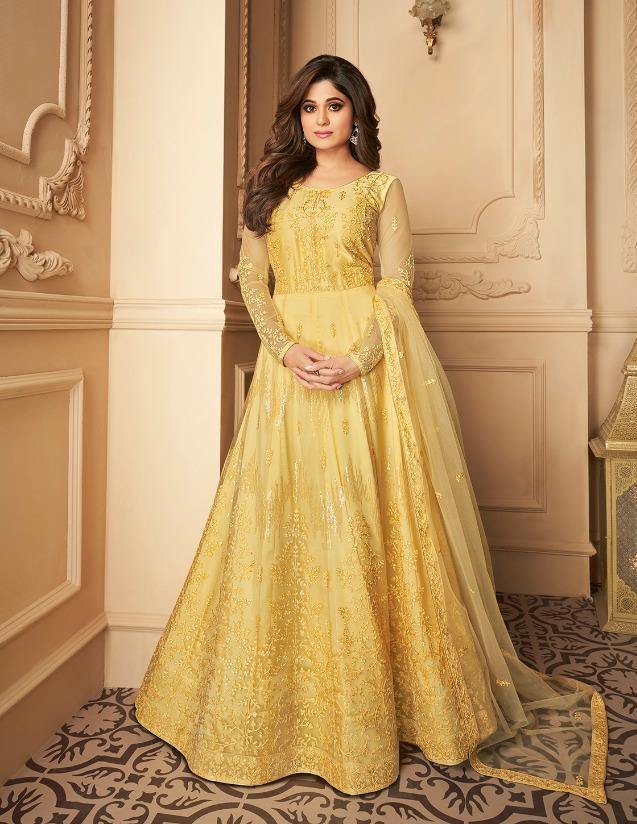 Yellow Embroidered Anarkali Suit with Net Dupatta for Rent - Glamourental