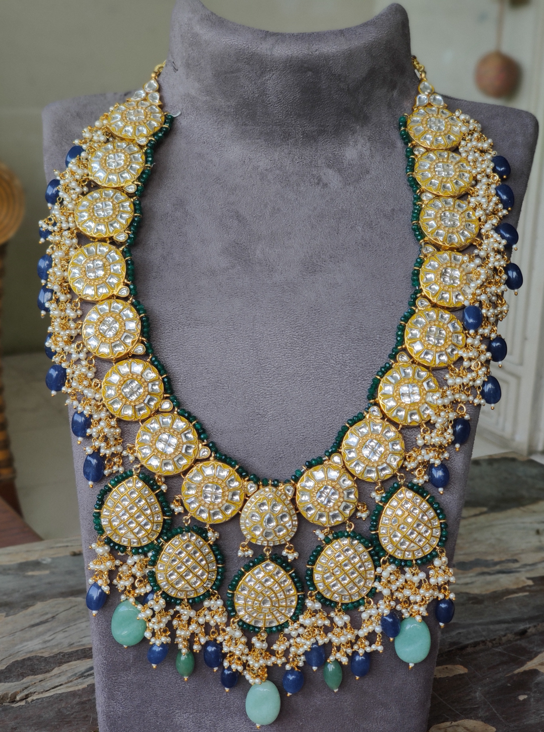 Long Necklace In Blue And Green Beads Loaded With Pearls-Accessories-Glamourental