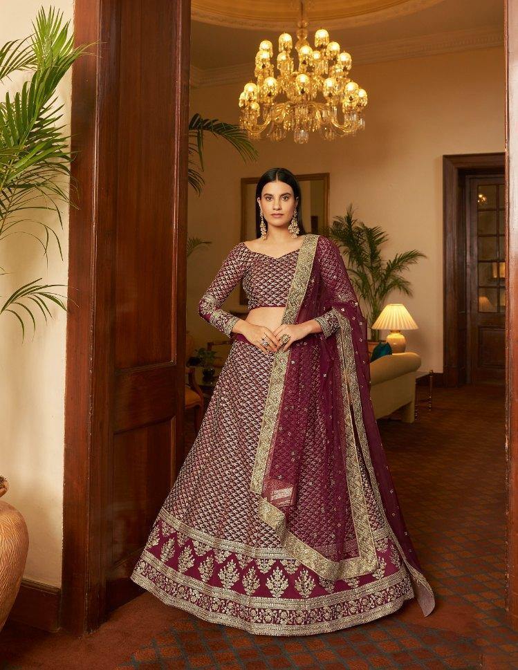 Maroon Crepe Bridal Wear Lehenga for Rent - Glamourental