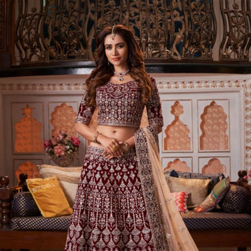 Maroon Embroidered Velvet Bridal Lehenga - Rent