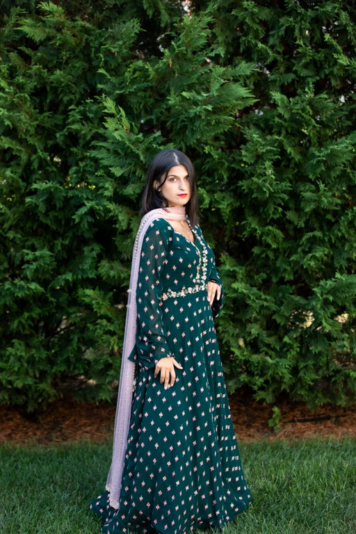 Elegant Green colored Anarkali  - Rent