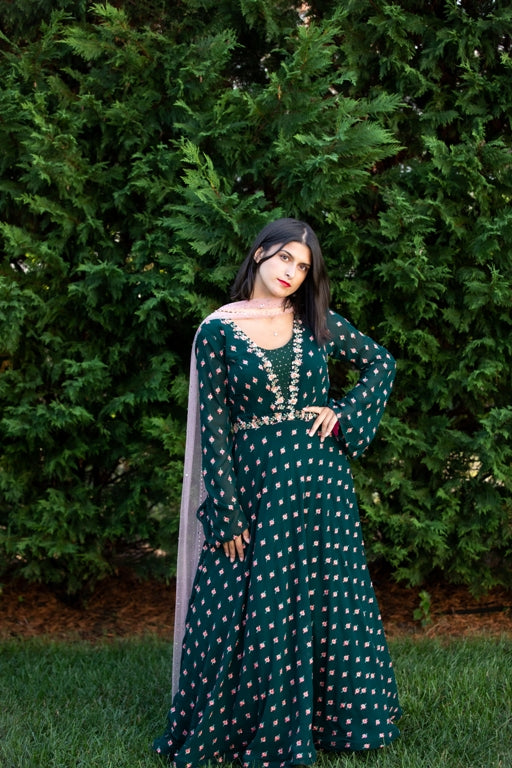 Elegant Green colored Anarkali  - Rent