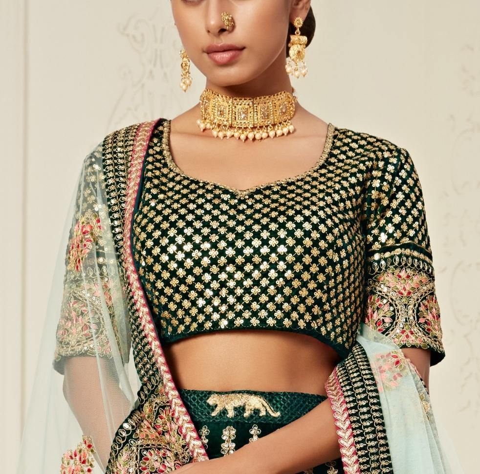 Green Heavy Bridal Wear Lehenga Choli - Glamourental