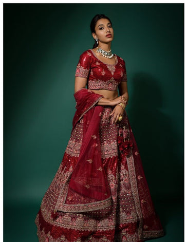 Parvati Maroon Zarkan Work Net Lehenga - Rent