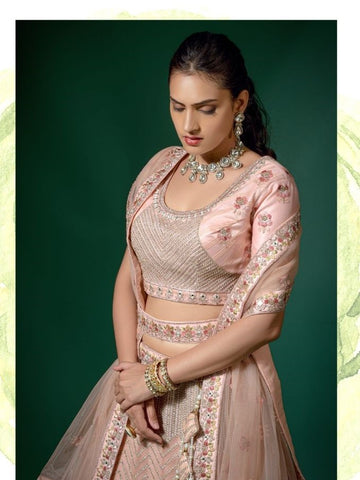 Pink Color Embellished Net Designer Lehenga - Rent