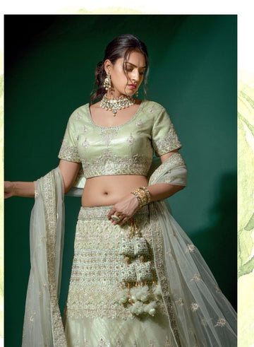 Parvati Light Green Soft Net Embroidery Lehenga - Rent