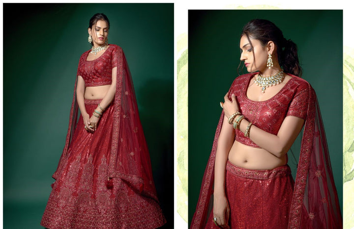 Red Color Heavy Embroidered Lehenga - Rent