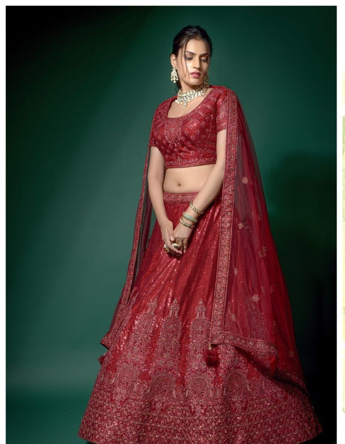 Red Color Heavy Embroidered Lehenga - Rent