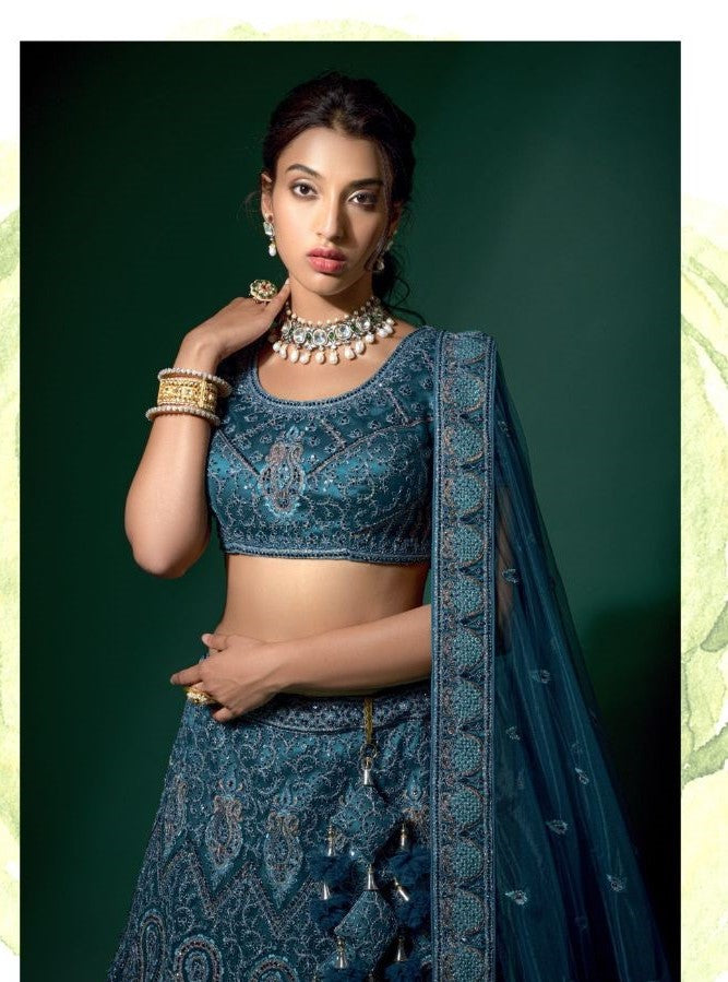 Parvati Blue Color  Zarkan Work Net Lehenga - Rent