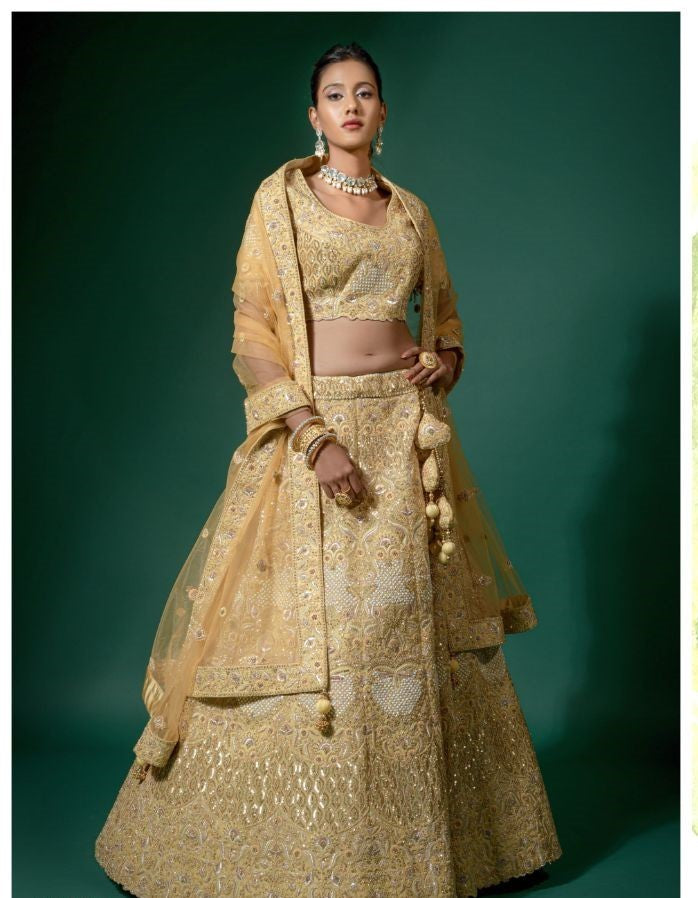 Designer Yellow Embroidered Net Lehenga - Rent