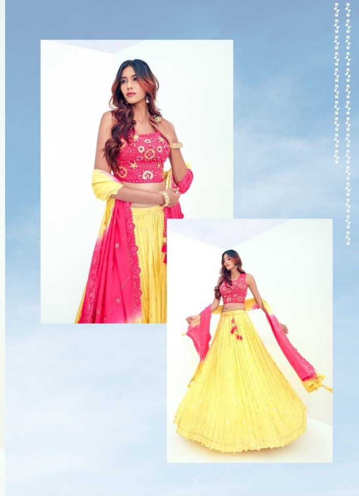 Yellow and Pink Embroidered Lehenga - Rent
