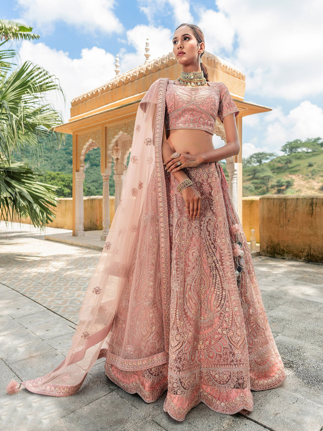 Timeless Pink Heavy Embroidered Lehenga Set - Rent