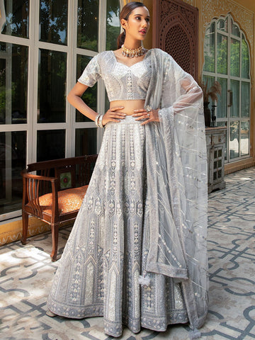 Silver Heavy Embroidered Lehenga Set - Rent