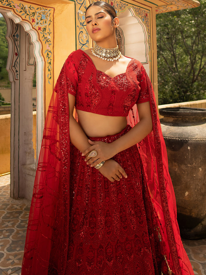 Beautifully designed Red Colored Heavy Embroidered Lehenga Set - Rent