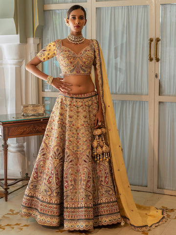 Multicolored Heavy Embroidered Lehenga Set - Rent