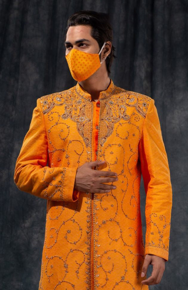 Orange & Maroon Zari Embroidered Wedding Sherwani - Rent