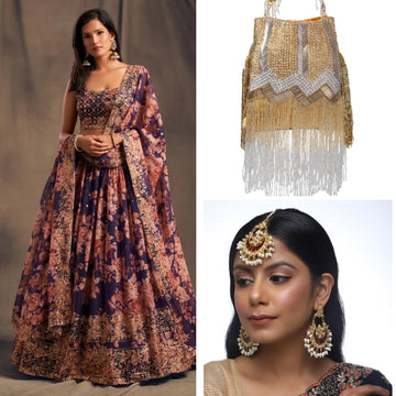 Purple Color Organza Sequins Embroidery Lehenga + Glitzy Diva Tassel Hand-embroidered Potli + Red Meena Kundan Tikka With Earrings - Rent