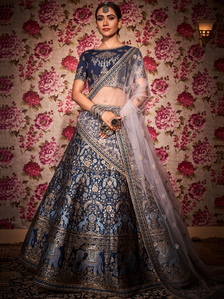 Navy Blue Banarasi Silk Lehenga Set + Black rainbow Sequin Clutch + Meenakari Choker Set - Rent