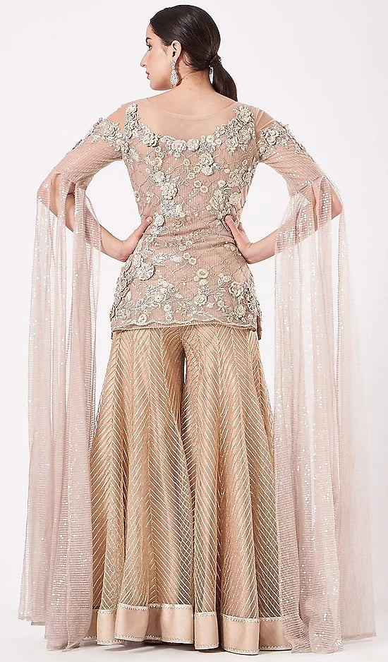 Peach Net Fabric Festive Sharara Suit
