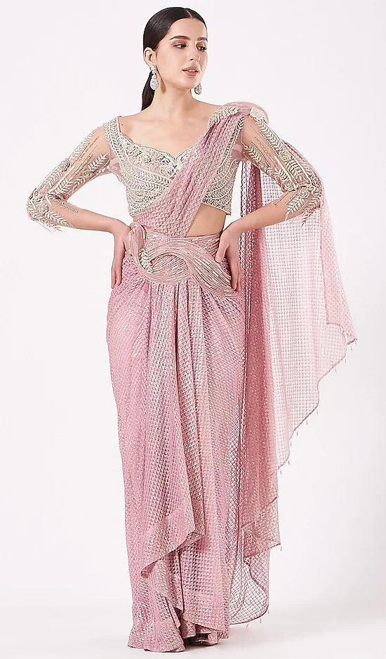 Anjalee and Arjun Kapoor's Onion Pink Sequins Draped Saree Set - Rent
