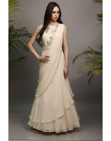 Rent Ivory Draped Sari-Women-Glamourental