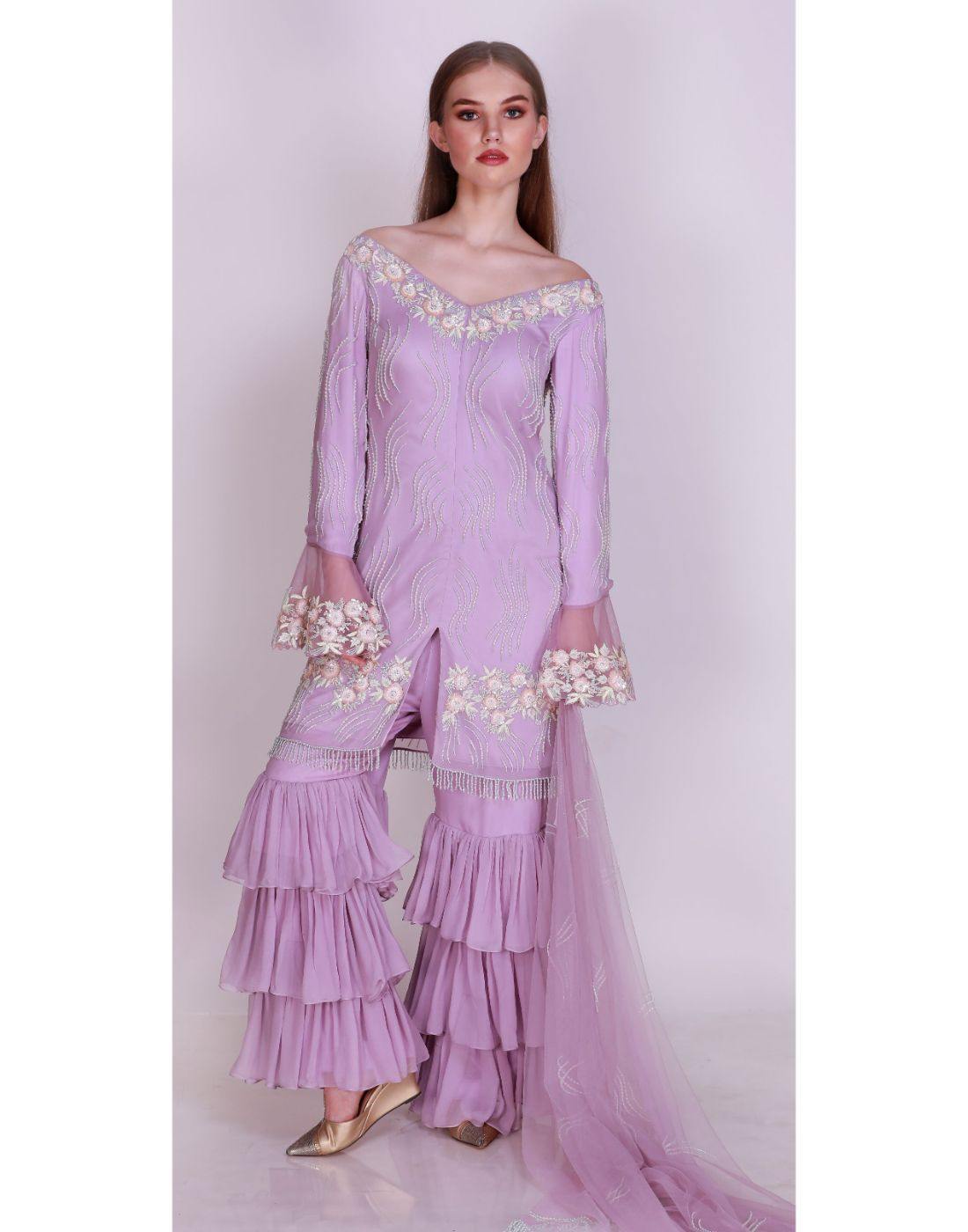 Rent Embroidered O-Shoulder Kurta With Layered Palazzo & Dupatta-Women-Glamourental