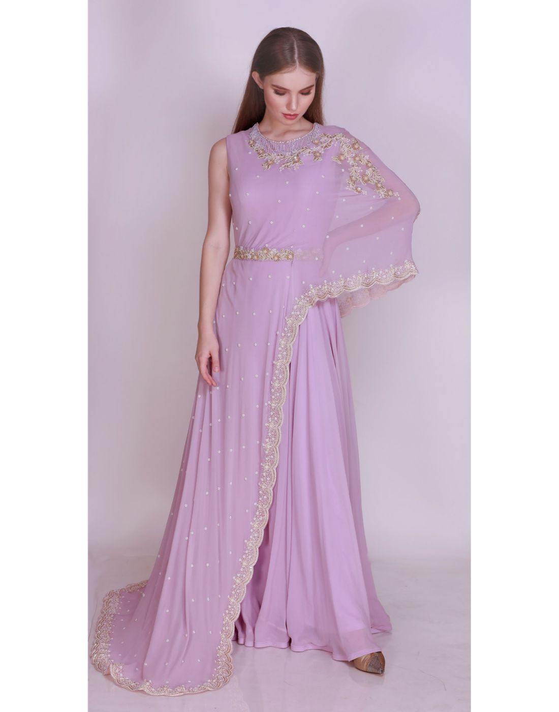RUCHED CHIFFON EVENING GOWN WITH ATTACHED SHORT CAPE - XS | Gowns, Cape gown,  Chiffon