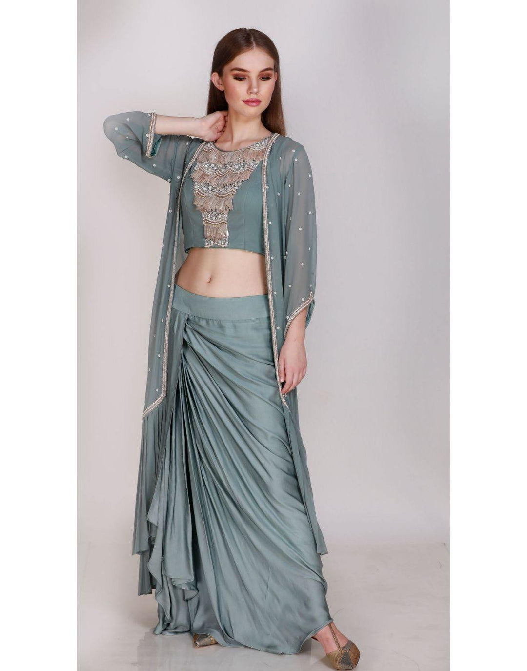 Rent Crop Top With Dhoti & Long Cape-Women-Glamourental