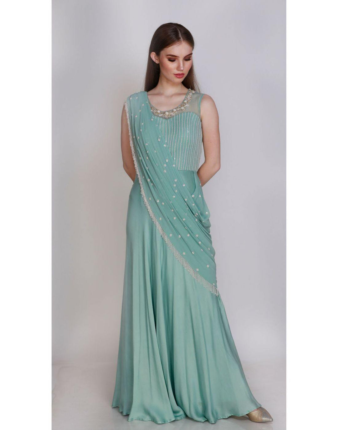 Rent Pearl Embroidered Cocktail Saree-Women-Glamourental