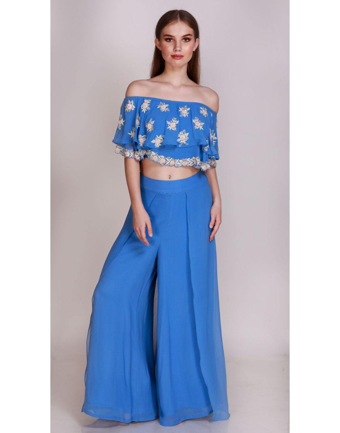Women Blue Crop Top With A-Line Pants & Shrug at Rs 2074.00 | Fancy Crop Top,  Crop Top T-Shirt, क्रॉप टॉप - NOZ2TOZ, New Delhi | ID: 2852000394755