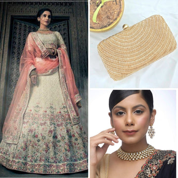 Off-white and Pink Color Art Silk Lehenga + Classic Pearl Clutch + Kundan Choker Set - Rent