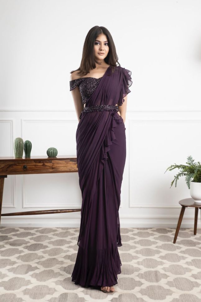 Designer Kanika Kapoor's Beautiful Purple Blue Color Georgette Saree - Rent