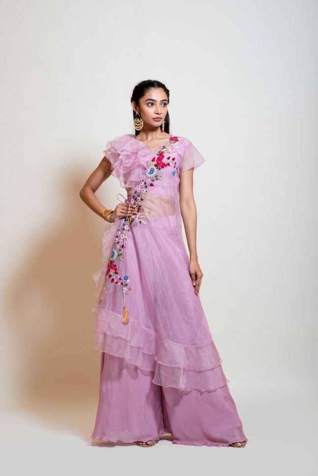 Lavender Ruffle Blouse Palazzo Set with Dupatta for Rent - Glamourental