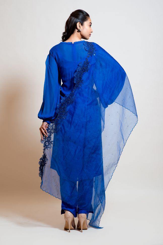 Royal Blue Kurti Pant monochrome Set with Ruffled Dupatta - Rent - Glamourental