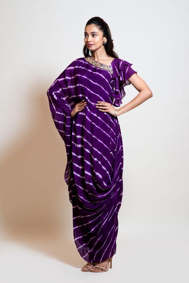 Plum Leheriya Draped Kaftan - Rent - Glamourental