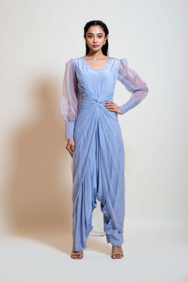 Greyish Blue Draped Dhoti Jumpsuit Rent - Glamourental