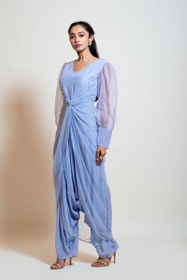 Greyish Blue Draped Dhoti Jumpsuit Rent - Glamourental