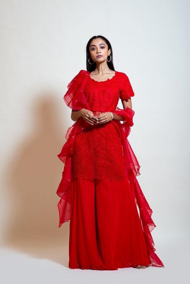 Rent Cherry Red Sheer Sharara Set - Glamourental