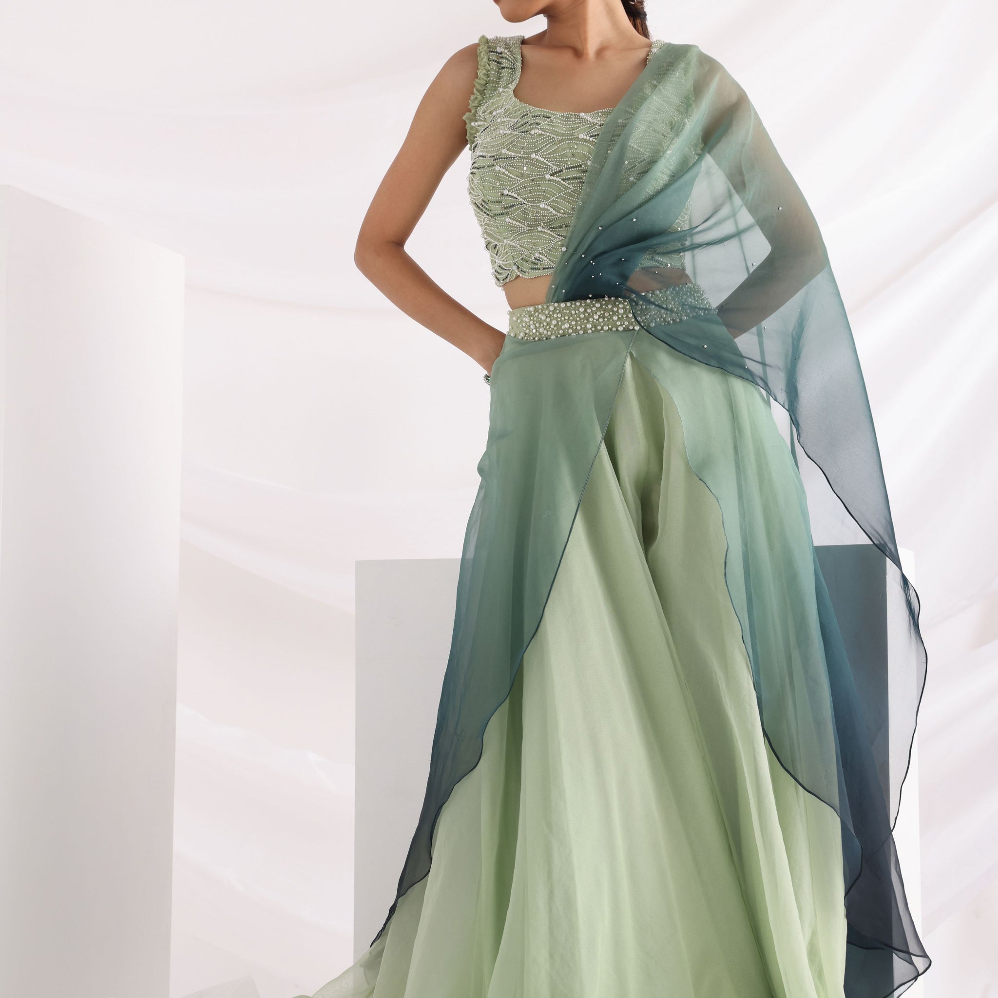 Smriti Apparel's Elegant green wave lehenga set - Rent