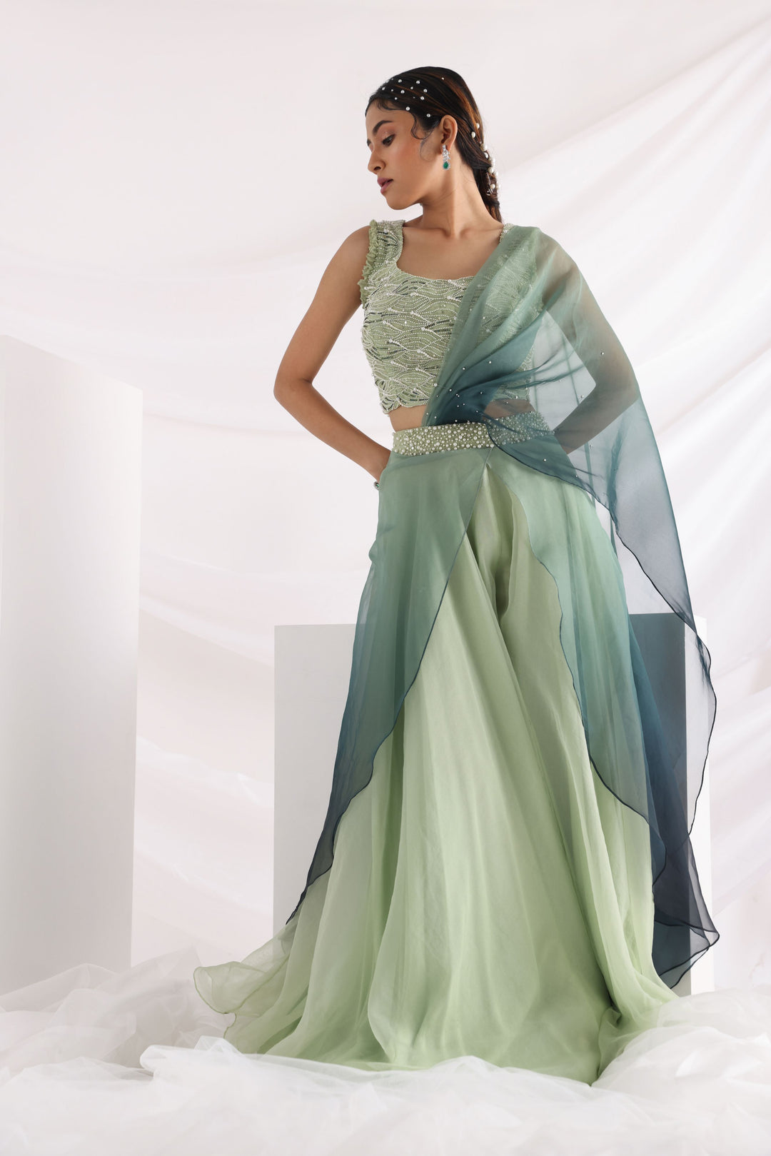 Smriti Apparel's Elegant green wave lehenga set - Rent