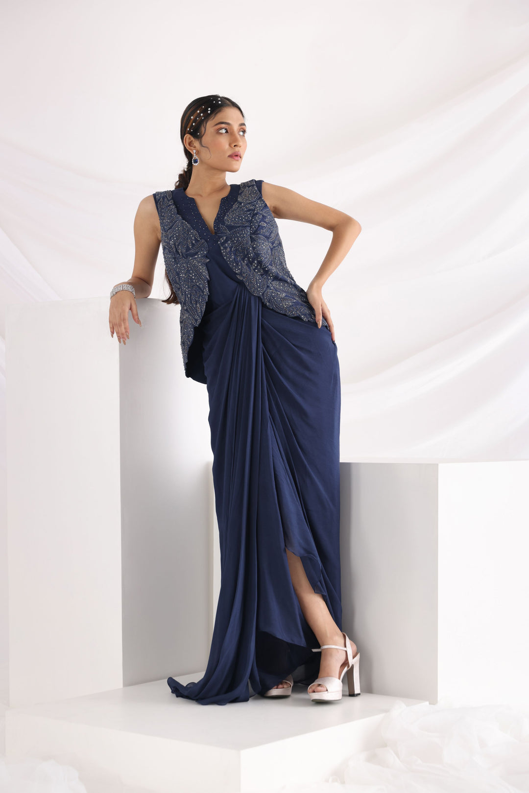Smriti Apparel's Midnight blue drape gown with jacket - Rent