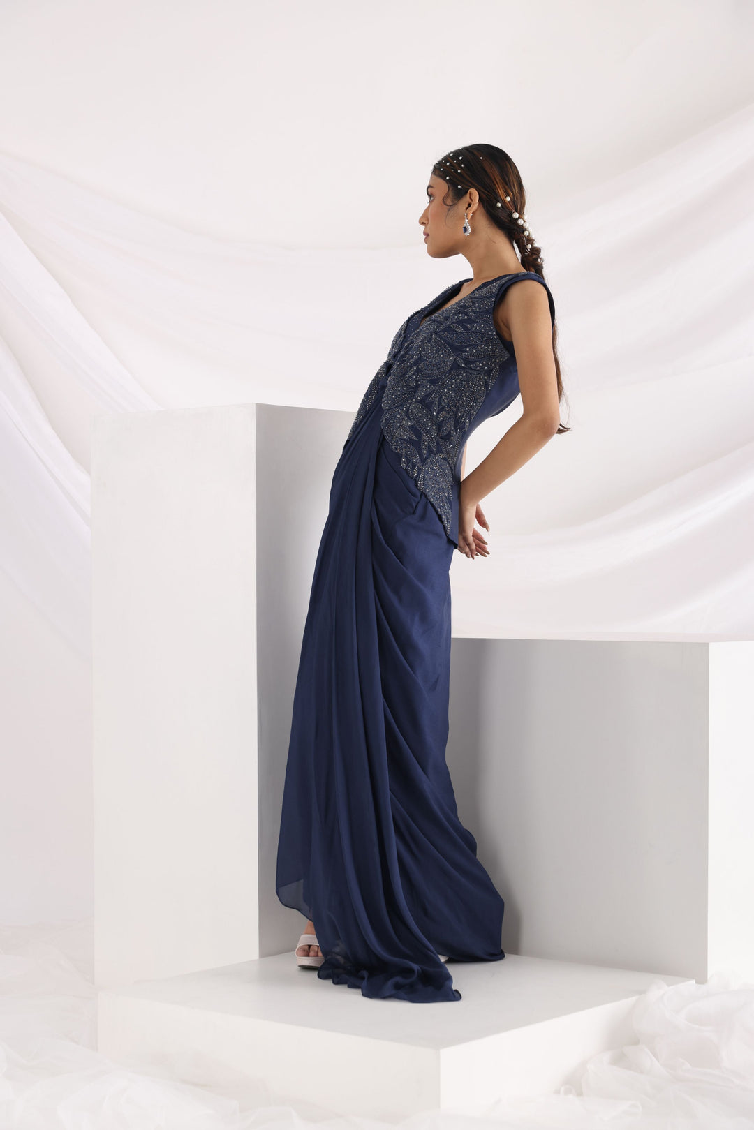 Smriti Apparel's Midnight blue drape Gowns with jacket - Rent